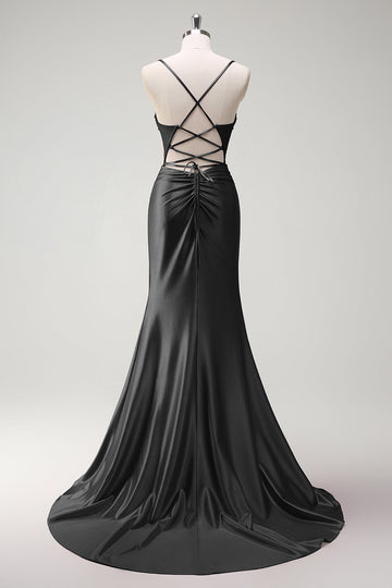 Black Mermaid Beaded Corset Satin Long Prom Dress with Slit